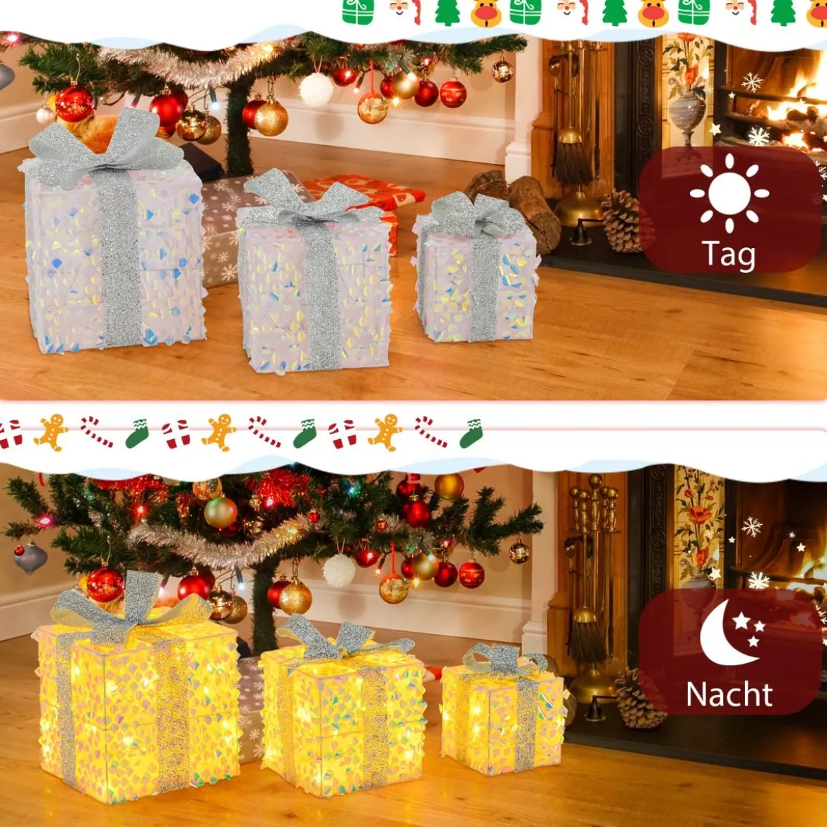 3er Set LED Geschenkboxen beleuchtete Weihnachtenboxen mit Schleifen Silber