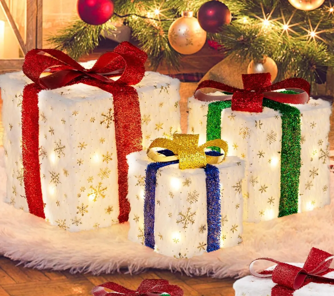 3er Set LED Geschenkboxen mit Schleife & 48 Warmweiß LEDs & Timer Wasserdichte Weihnachtsdeko