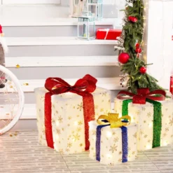 3er Set LED Geschenkboxen mit Schleife & 48 Warmweiß LEDs & Timer Wasserdichte Weihnachtsdeko
