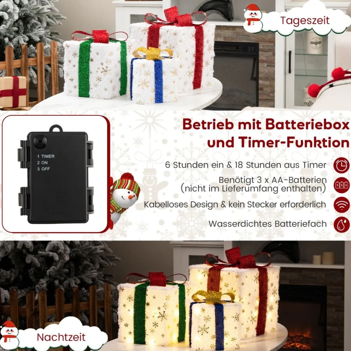 3er Set LED Geschenkboxen mit Schleife & 48 Warmweiß LEDs & Timer Wasserdichte Weihnachtsdeko