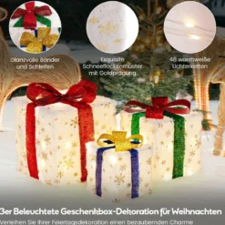 3er Set LED Geschenkboxen mit Schleife & 48 Warmweiß LEDs & Timer Wasserdichte Weihnachtsdeko
