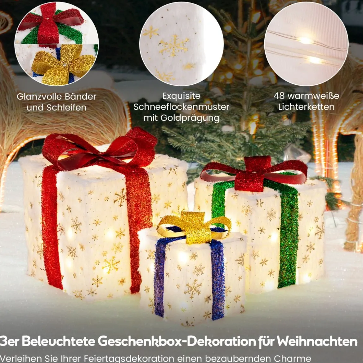 3er Set LED Geschenkboxen mit Schleife & 48 Warmweiß LEDs & Timer Wasserdichte Weihnachtsdeko