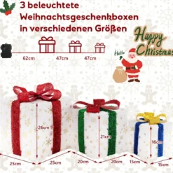 3er Set LED Geschenkboxen mit Schleife & 48 Warmweiß LEDs & Timer Wasserdichte Weihnachtsdeko