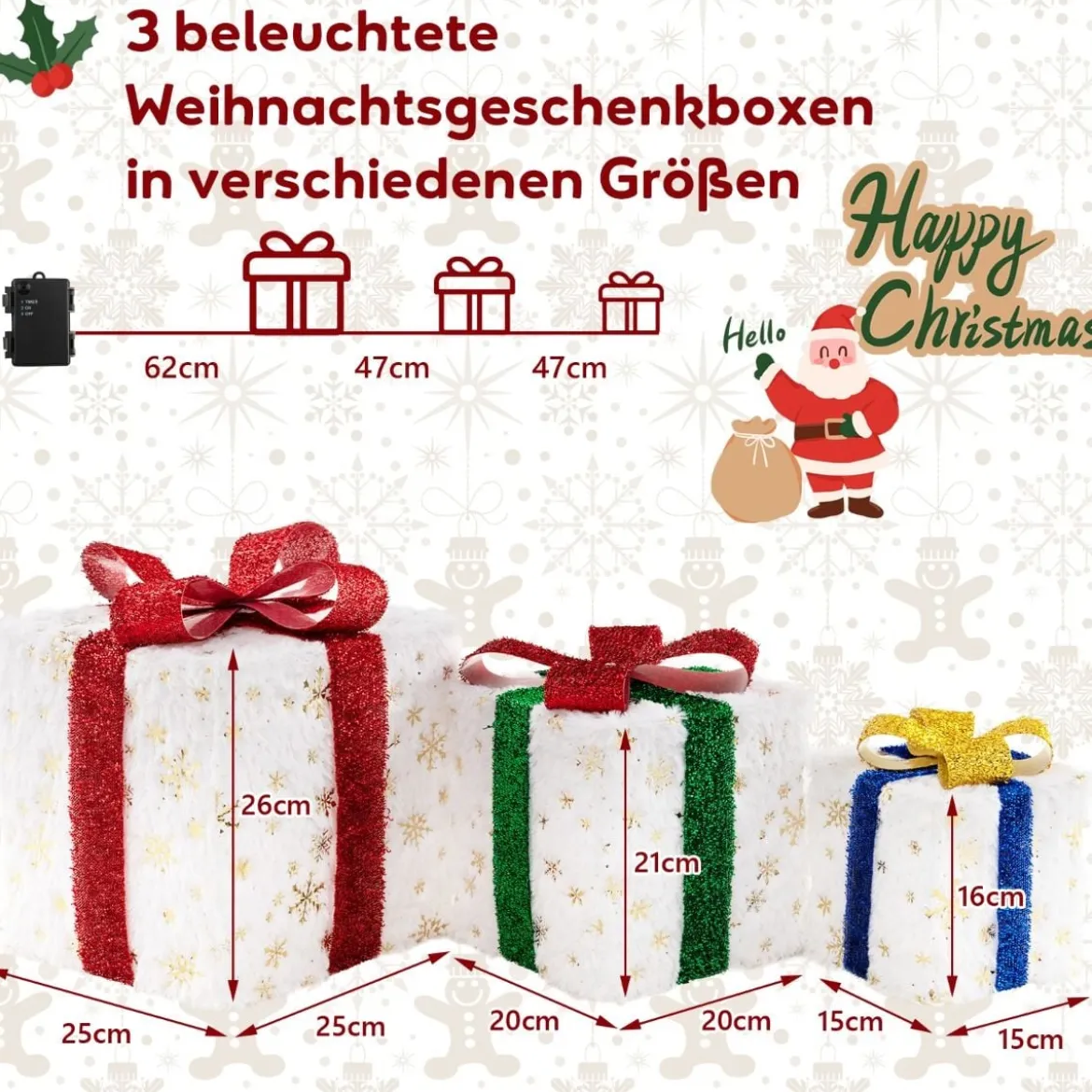 3er Set LED Geschenkboxen mit Schleife & 48 Warmweiß LEDs & Timer Wasserdichte Weihnachtsdeko