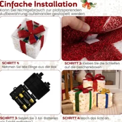 3er Set LED Geschenkboxen mit Schleife & 48 Warmweiß LEDs & Timer Wasserdichte Weihnachtsdeko