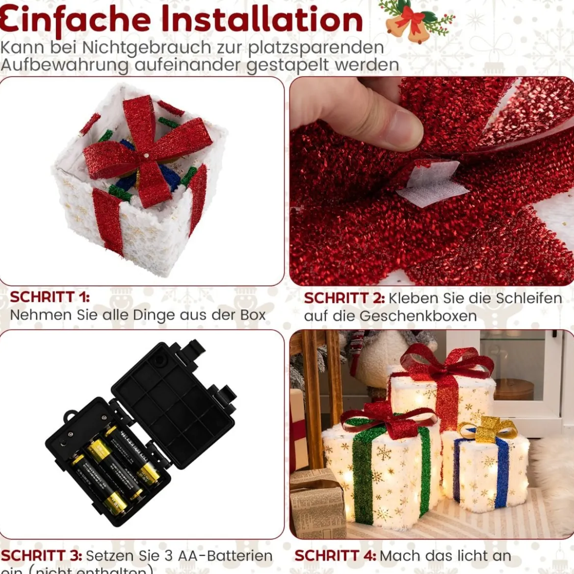 3er Set LED Geschenkboxen mit Schleife & 48 Warmweiß LEDs & Timer Wasserdichte Weihnachtsdeko