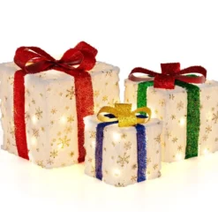 3er Set LED Geschenkboxen mit Schleife & 48 Warmweiß LEDs & Timer Wasserdichte Weihnachtsdeko