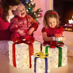 3er Set LED Geschenkboxen mit Schleife & 48 Warmweiß LEDs & Timer Wasserdichte Weihnachtsdeko