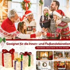 3er Set LED Geschenkboxen mit Schleife & 48 Warmweiß LEDs & Timer Wasserdichte Weihnachtsdeko