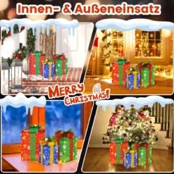 3er Set LED Geschenkboxen mit Schleife & 52 Warmweiß LEDs Wasserdichte Weihnachtenboxen