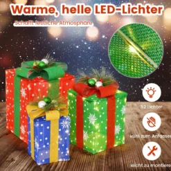 3er Set LED Geschenkboxen mit Schleife & 52 Warmweiß LEDs Wasserdichte Weihnachtenboxen