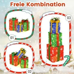 3er Set LED Geschenkboxen mit Schleife & 52 Warmweiß LEDs Wasserdichte Weihnachtenboxen