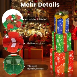 3er Set LED Geschenkboxen mit Schleife & 52 Warmweiß LEDs Wasserdichte Weihnachtenboxen