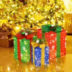 3er Set LED Geschenkboxen mit Schleife & 52 Warmweiß LEDs Wasserdichte Weihnachtenboxen