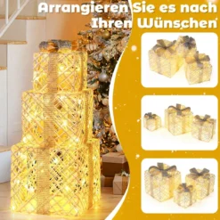 3er Set LED Geschenkboxen mit 48 Warmweißen LED Lichtern & Abnehmbare Schleifen