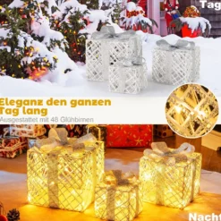 3er Set LED Geschenkboxen mit 48 Warmweißen LED Lichtern & Abnehmbare Schleifen