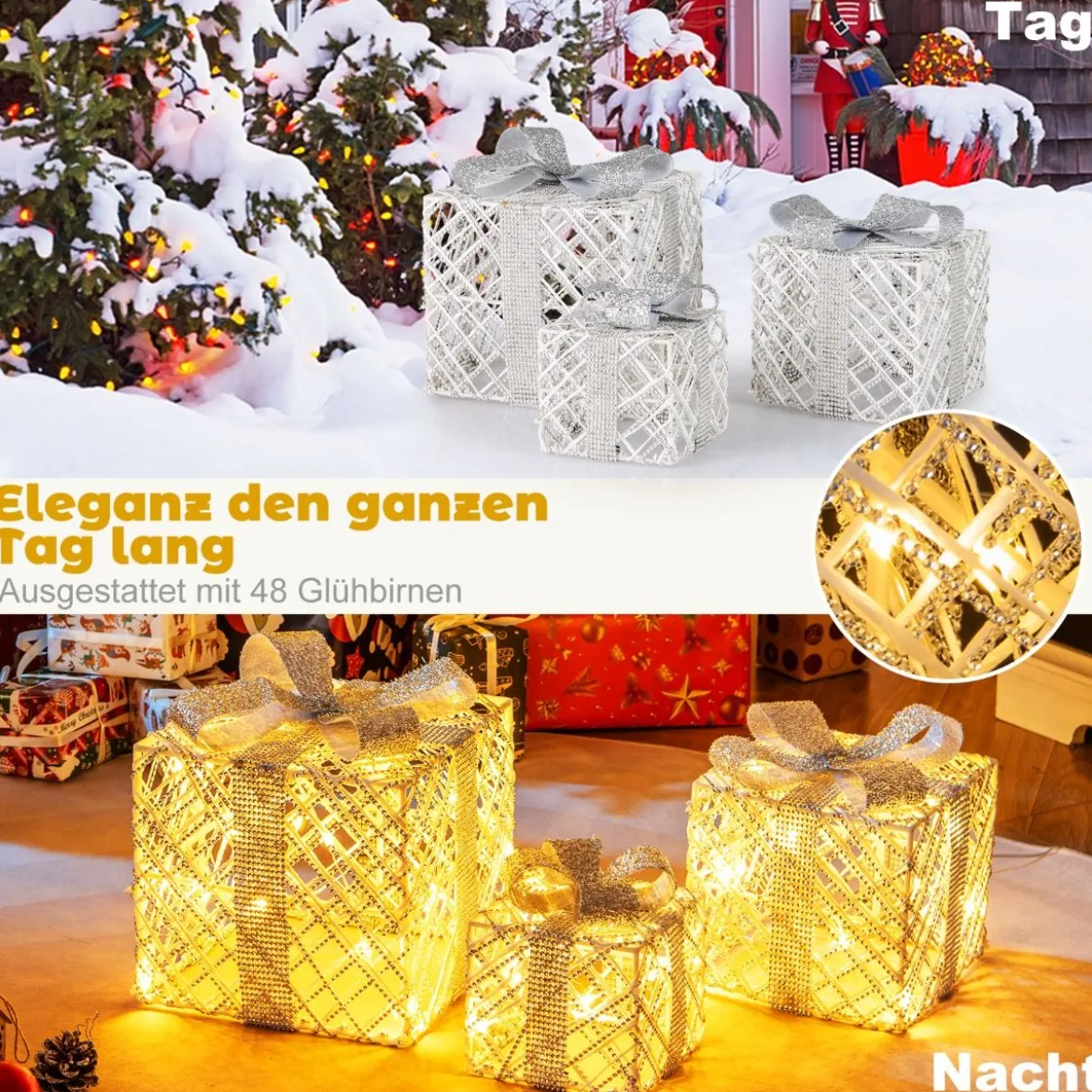 3er Set LED Geschenkboxen mit 48 Warmweißen LED Lichtern & Abnehmbare Schleifen
