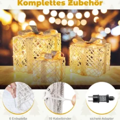 3er Set LED Geschenkboxen mit 48 Warmweißen LED Lichtern & Abnehmbare Schleifen