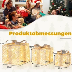 3er Set LED Geschenkboxen mit 48 Warmweißen LED Lichtern & Abnehmbare Schleifen