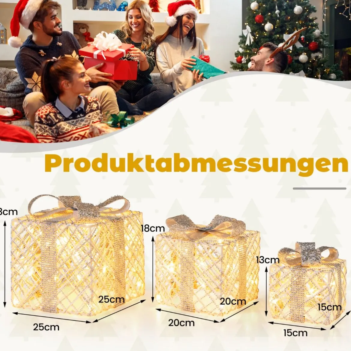 3er Set LED Geschenkboxen mit 48 Warmweißen LED Lichtern & Abnehmbare Schleifen