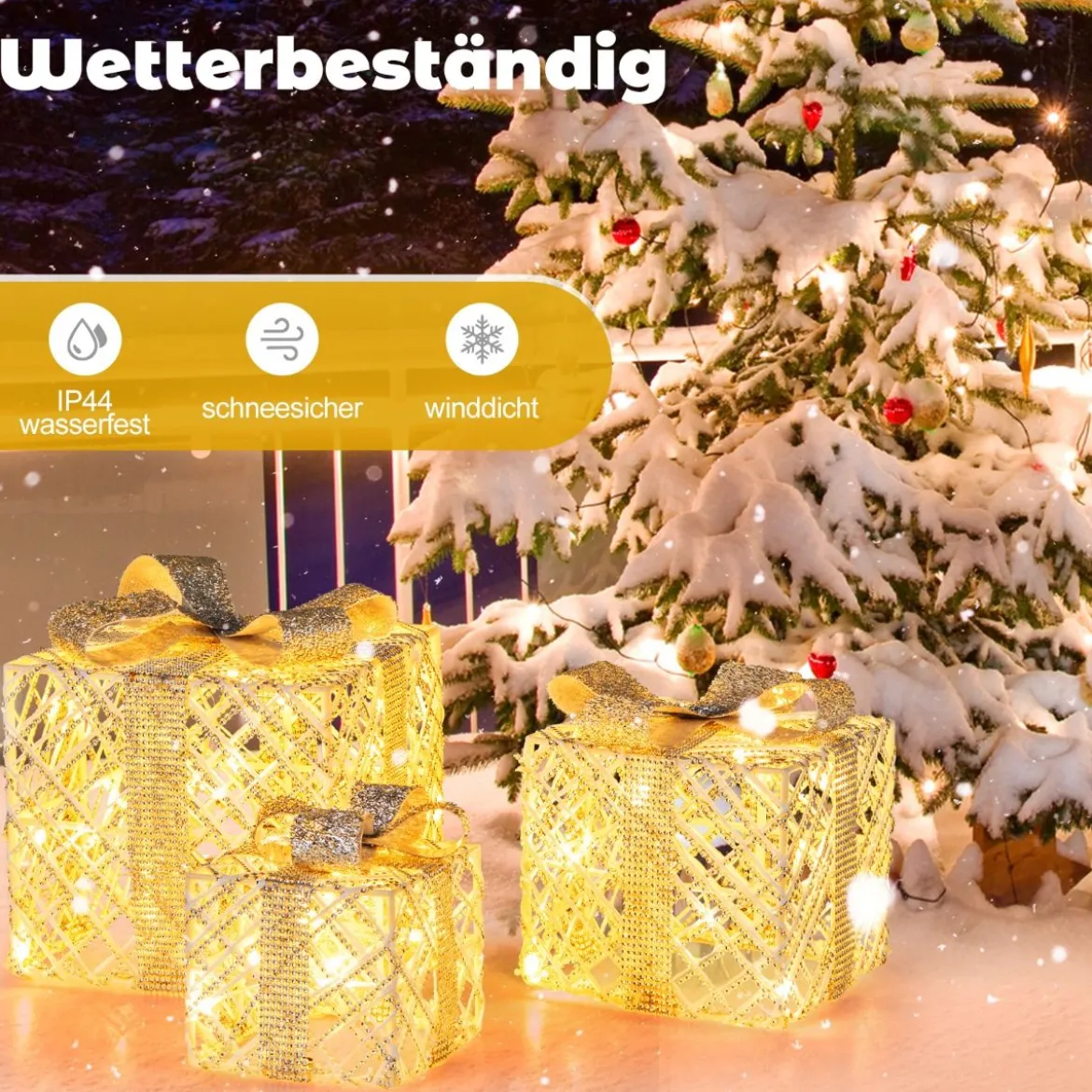 3er Set LED Geschenkboxen mit 48 Warmweißen LED Lichtern & Abnehmbare Schleifen