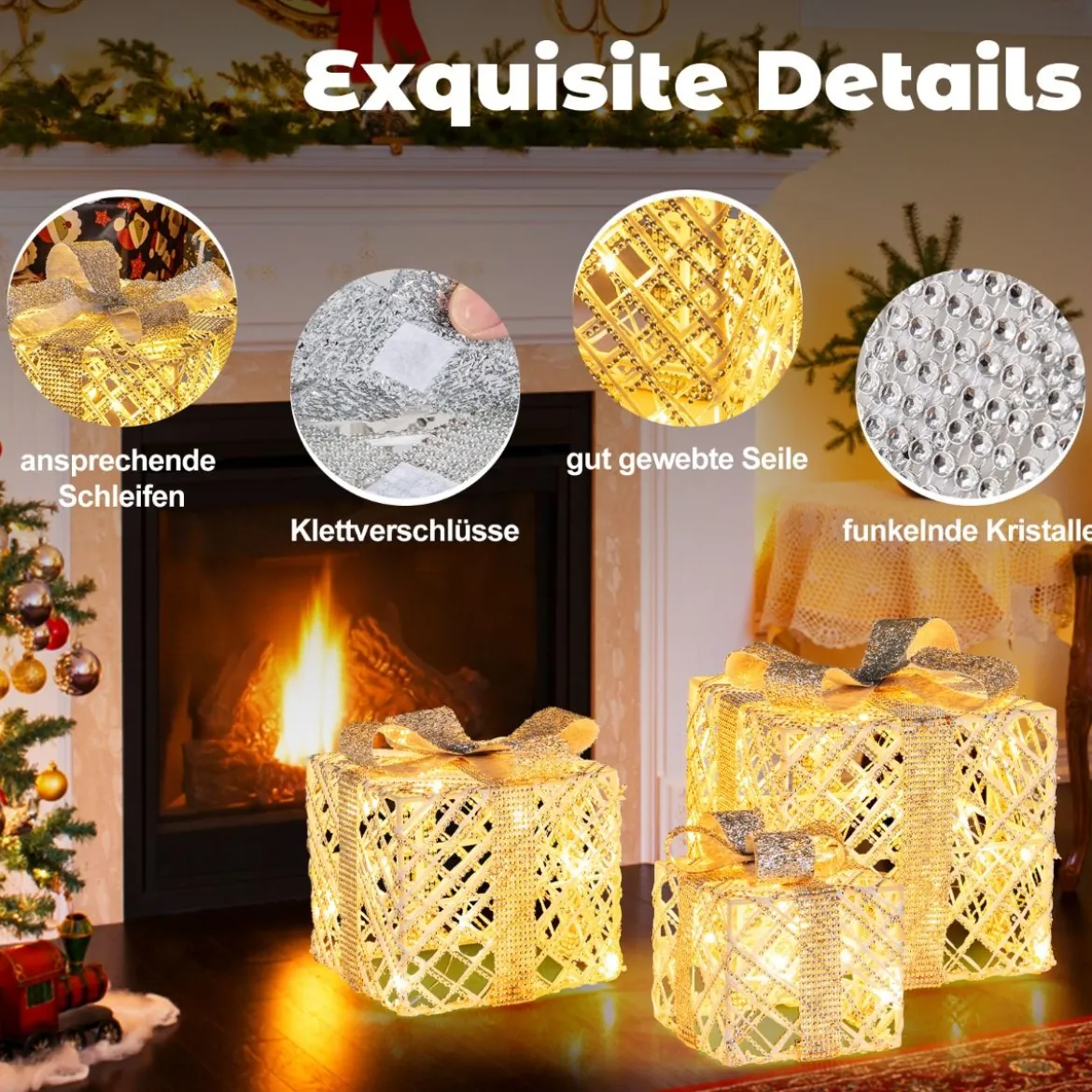 3er Set LED Geschenkboxen mit 48 Warmweißen LED Lichtern & Abnehmbare Schleifen