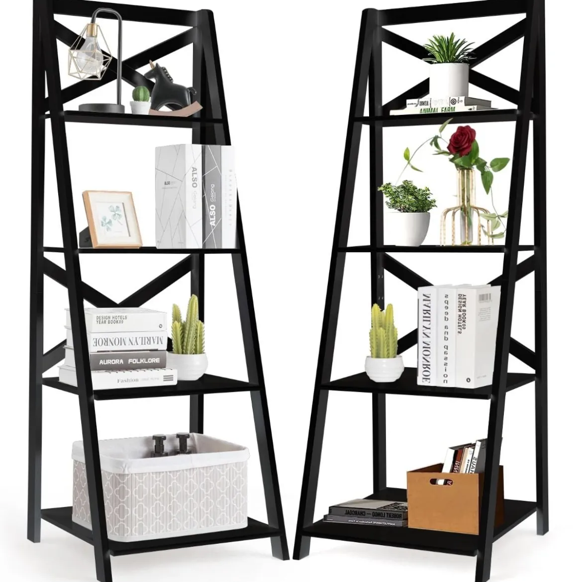 2er Set Leiterregal 4-stufig Bücherregal aus Holz Standregal Treppenregal Eckregal Schwarz
