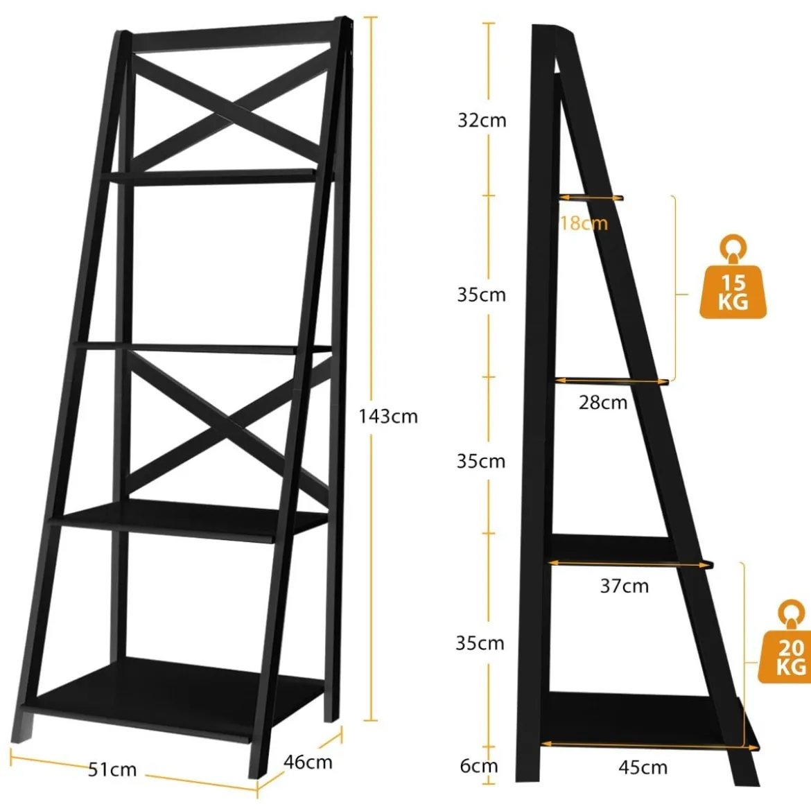 2er Set Leiterregal 4-stufig Bücherregal aus Holz Standregal Treppenregal Eckregal Schwarz