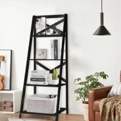 2er Set Leiterregal 4-stufig Bücherregal aus Holz Standregal Treppenregal Eckregal Schwarz
