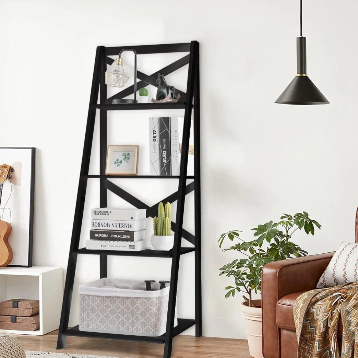 2er Set Leiterregal 4-stufig Bücherregal aus Holz Standregal Treppenregal Eckregal Schwarz