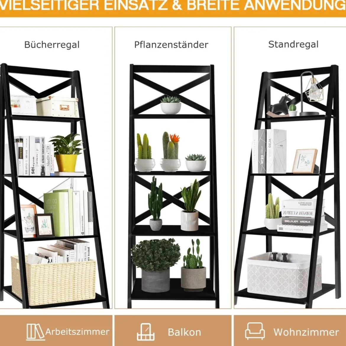 2er Set Leiterregal 4-stufig Bücherregal aus Holz Standregal Treppenregal Eckregal Schwarz