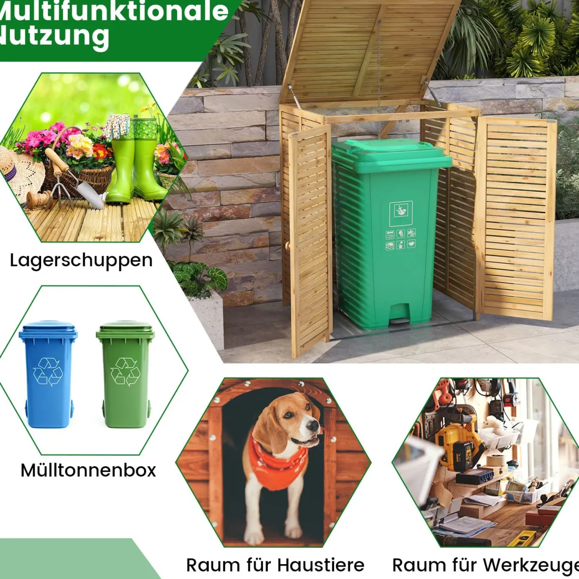 3er Set 120 L Holz Mülltonnenhaus mit Öffnendem Deckel & Doppeltüren & Abschließbarem Riegel