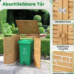 3er Set 120 L Holz Mülltonnenhaus mit Öffnendem Deckel & Doppeltüren & Abschließbarem Riegel