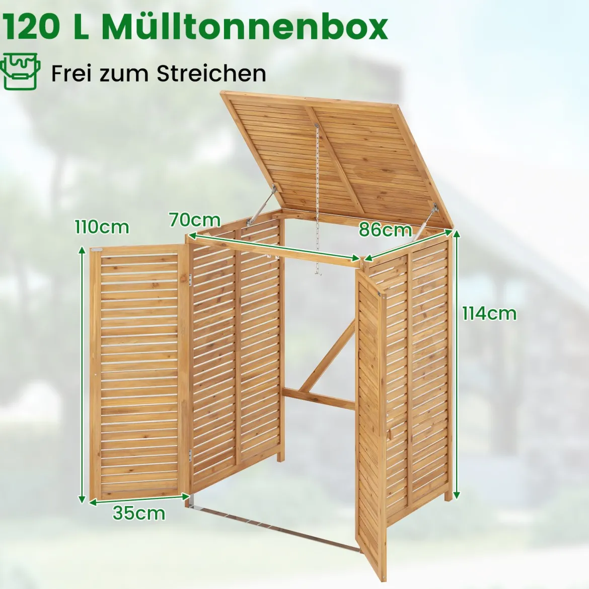 3er Set 120 L Holz Mülltonnenhaus mit Öffnendem Deckel & Doppeltüren & Abschließbarem Riegel