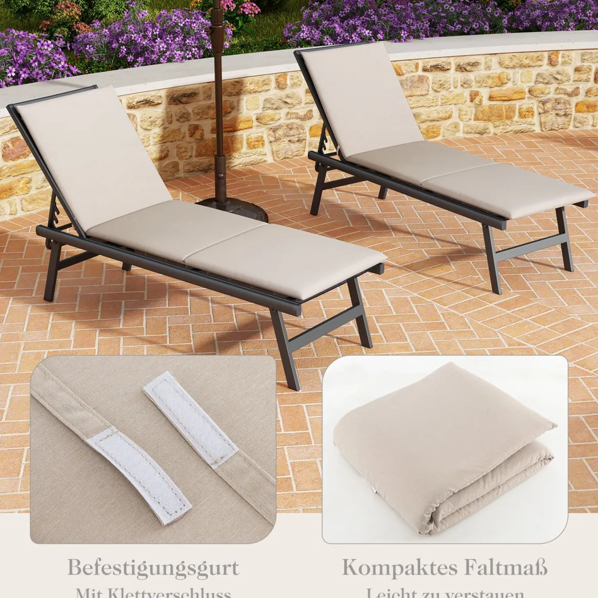 2er Set Liegenauflage Auflage für Sonnenliege Polsterauflage für Gartenliege 182 x 59 x 4,5 cm Beige