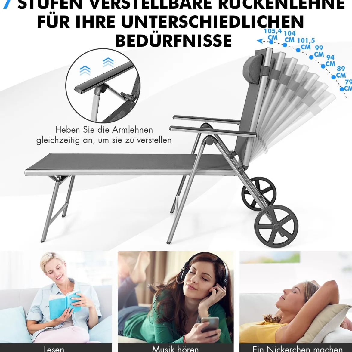 2er Set Liegestuhl aus Aluminium mit Rollen Klappbare Sonnenliege 137,5 x 75 x 23,5 cm Grau