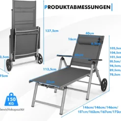 2er Set Liegestuhl aus Aluminium mit Rollen Klappbare Sonnenliege 137,5 x 75 x 23,5 cm Grau