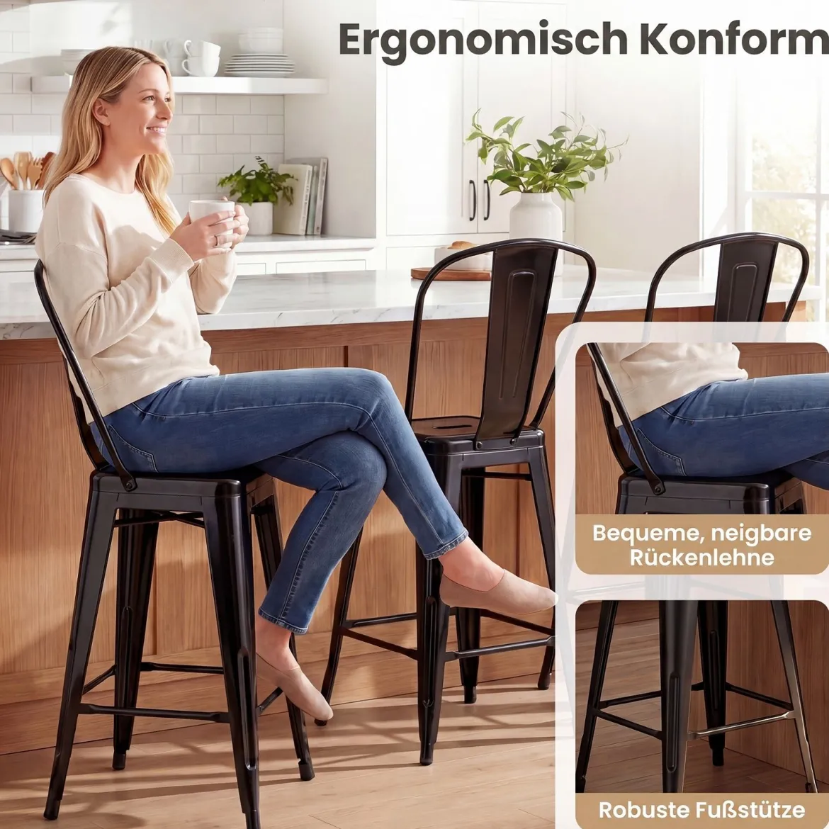 4er Set Metall Barhocker Ergonomischer Barstuhl mit Abnehmbarer Rückenlehne Schwarz