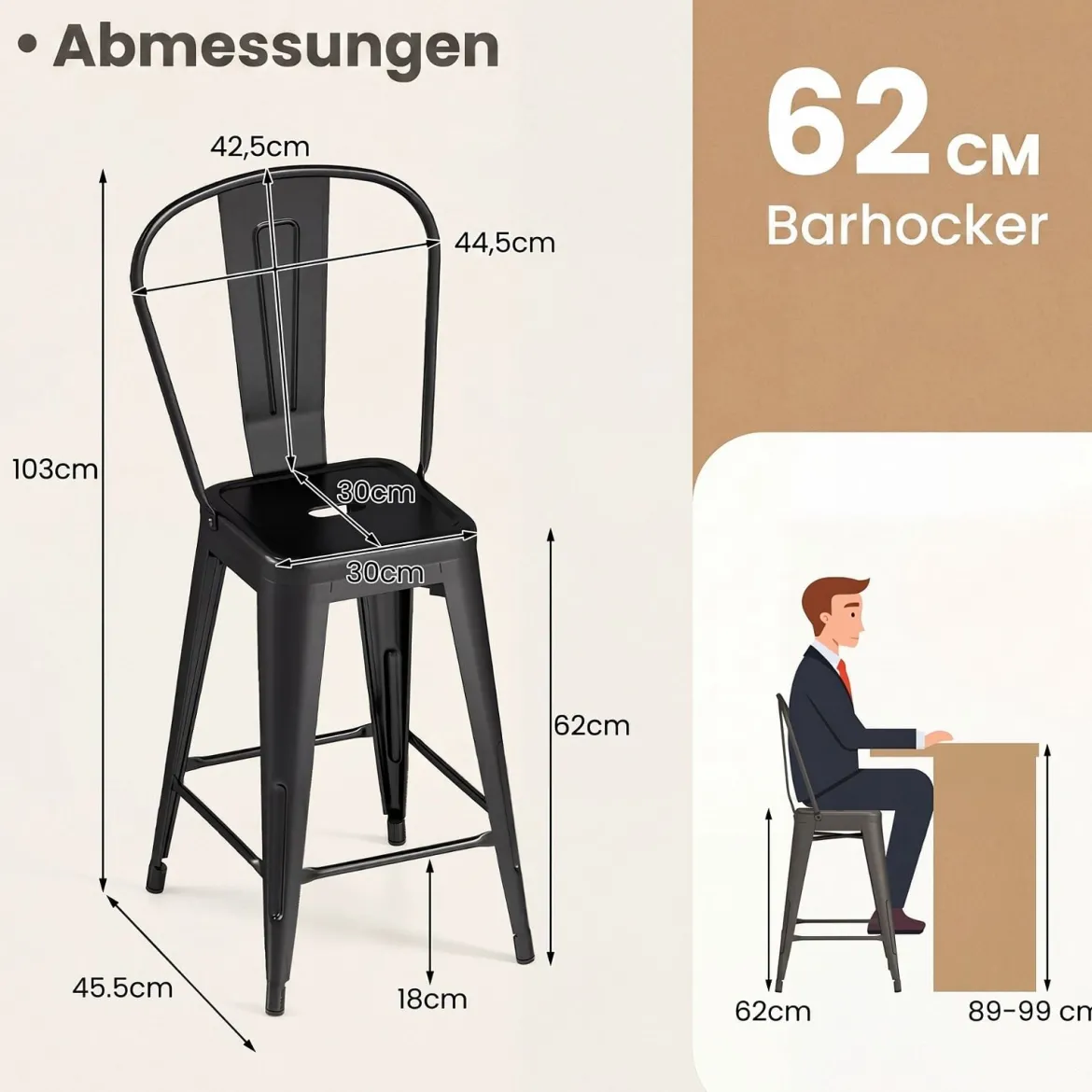 4er Set Metall Barhocker Ergonomischer Barstuhl mit Abnehmbarer Rückenlehne Schwarz