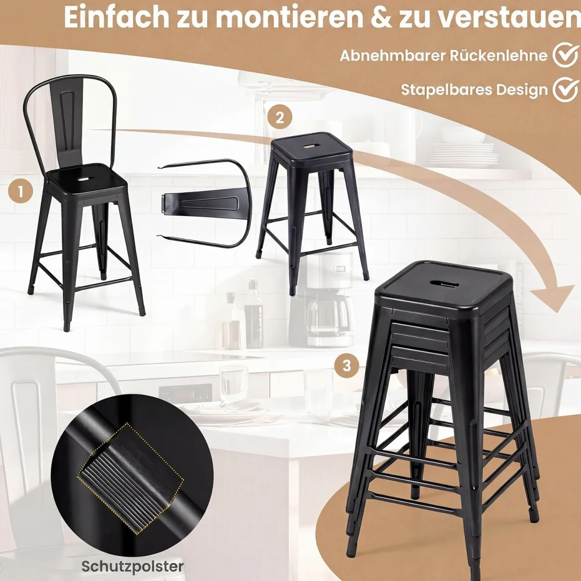 4er Set Metall Barhocker Ergonomischer Barstuhl mit Abnehmbarer Rückenlehne Schwarz