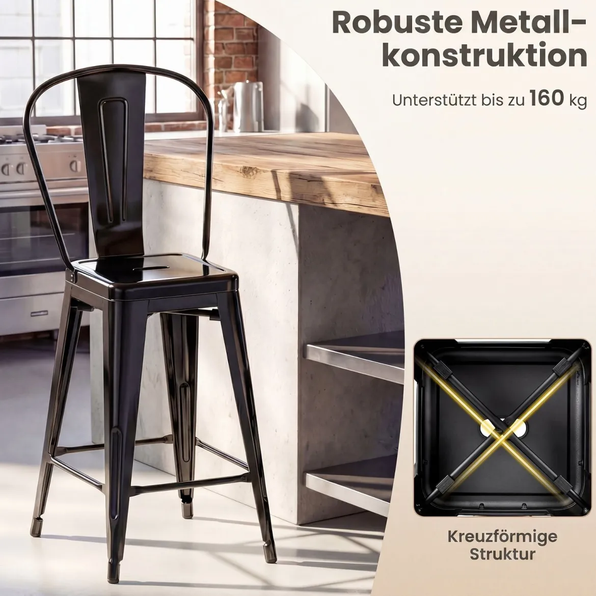 4er Set Metall Barhocker Ergonomischer Barstuhl mit Abnehmbarer Rückenlehne Schwarz