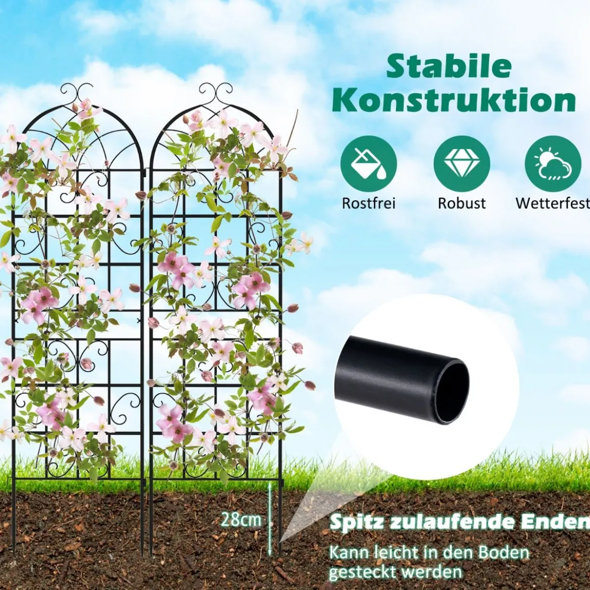 2er Set Metall Rankgitter Freistehender Gartenzaun zum Stecken Spalier 180 x 50 cm Schwarz
