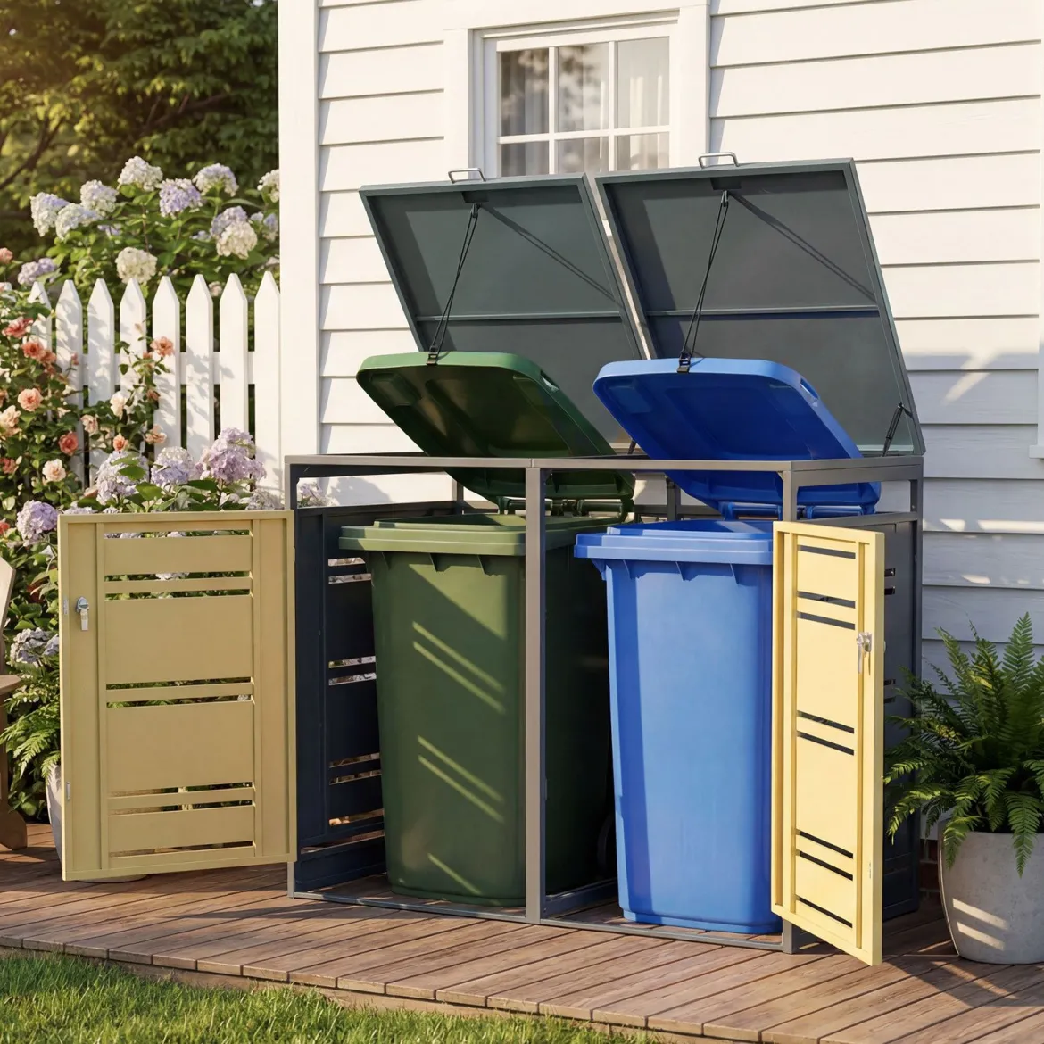 2er Set Mülltonnenbox für 2 x 120 L Mülltonne Wetterfester Gartenschuppen mit Abschließbarer Tür Grau und Gelb