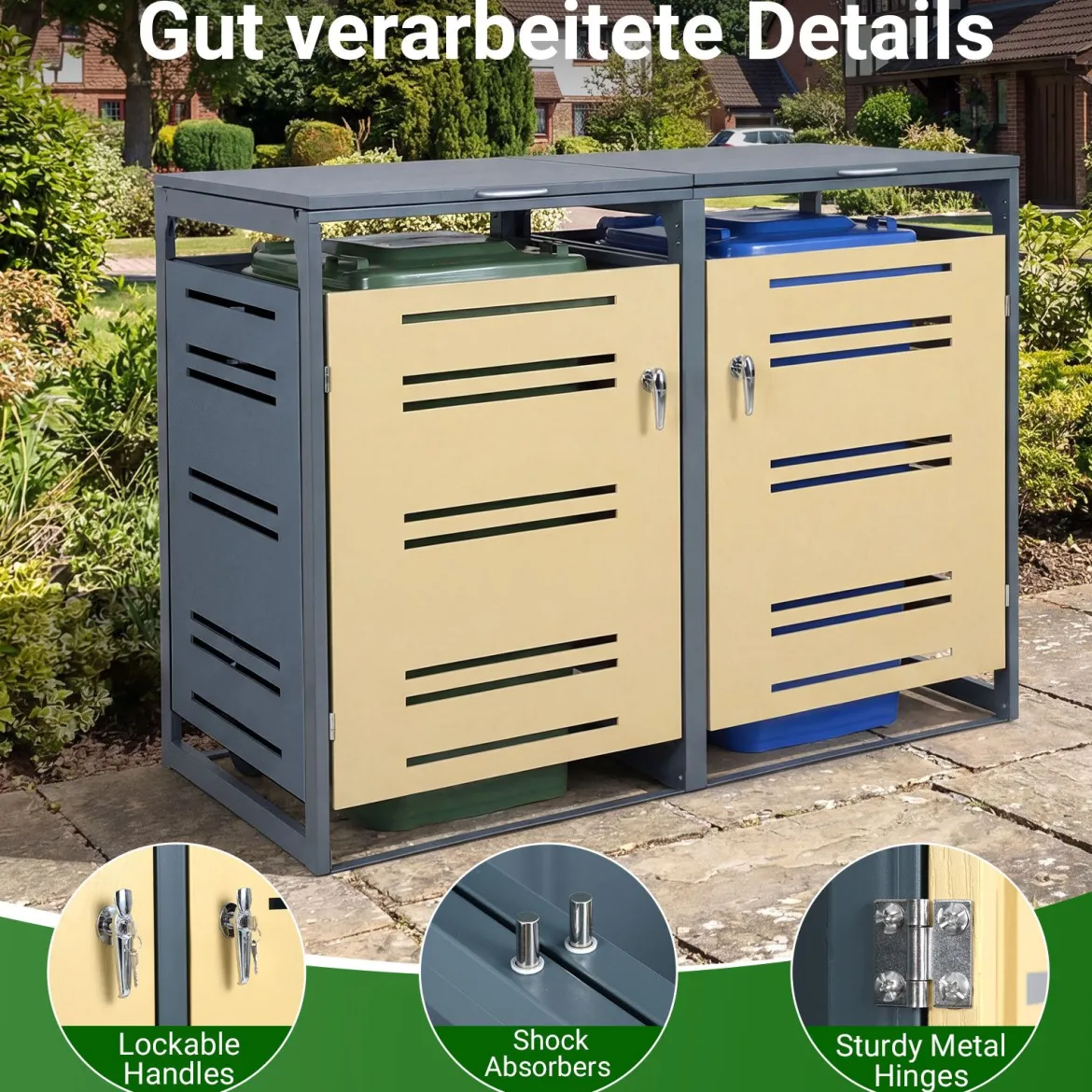 2er Set Mülltonnenbox für 2 x 120 L Mülltonne Wetterfester Gartenschuppen mit Abschließbarer Tür Grau und Gelb