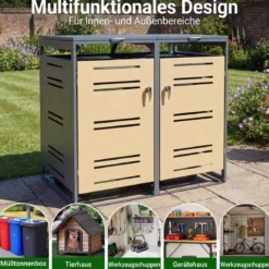 2er Set Mülltonnenbox für 2 x 120 L Mülltonne Wetterfester Gartenschuppen mit Abschließbarer Tür Grau und Gelb