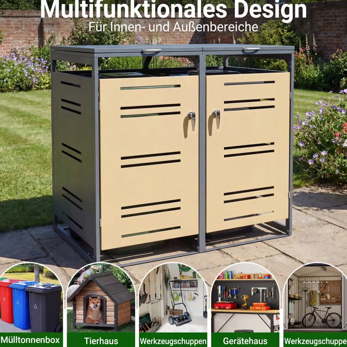 2er Set Mülltonnenbox für 2 x 120 L Mülltonne Wetterfester Gartenschuppen mit Abschließbarer Tür Grau und Gelb