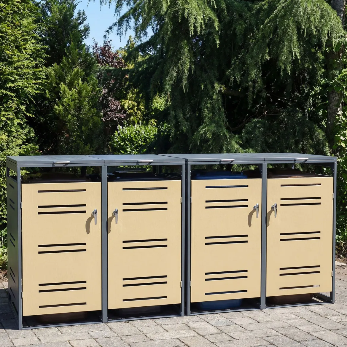 2er Set Mülltonnenbox für 2 x 120 L Mülltonne Wetterfester Gartenschuppen mit Abschließbarer Tür Grau und Gelb