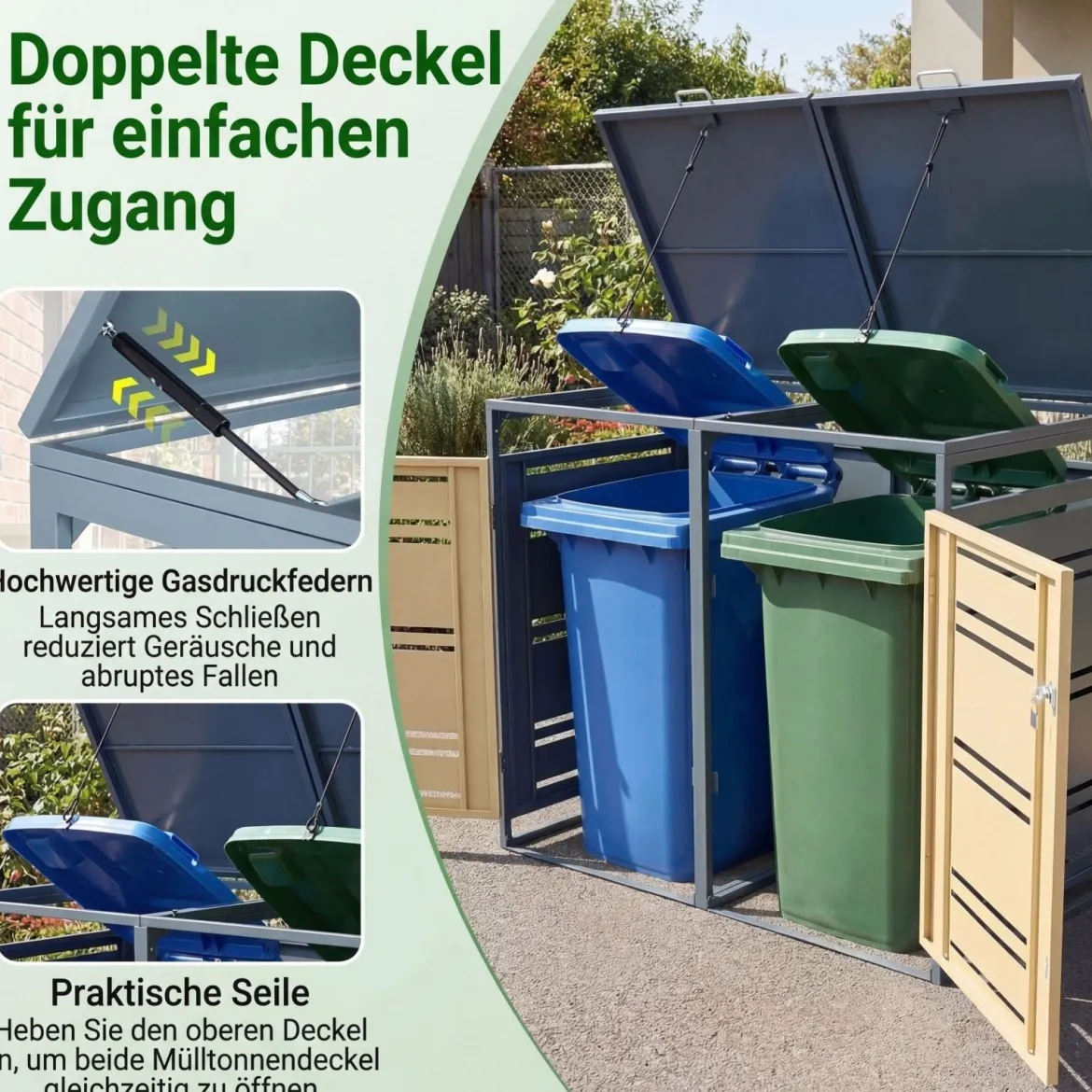 2er Set Mülltonnenbox für 2 x 120 L Mülltonne Wetterfester Gartenschuppen mit Abschließbarer Tür Grau und Gelb