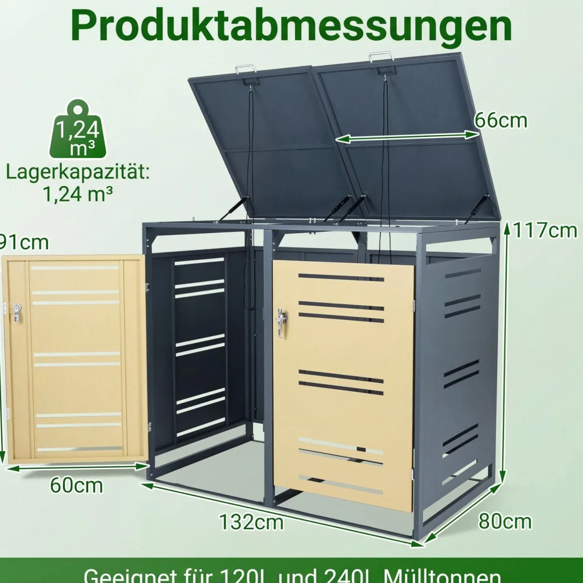 2er Set Mülltonnenbox für 2 x 120 L Mülltonne Wetterfester Gartenschuppen mit Abschließbarer Tür Grau und Gelb
