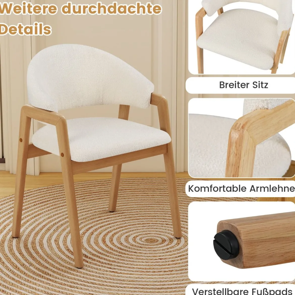 2er-Set modernes Esszimmerstühle Küchenstühle mit gepolstertem Sitz & ergonomischer Rückenlehne Weiß